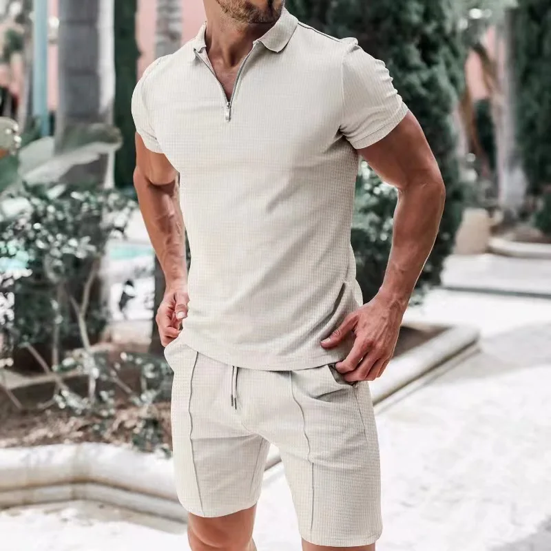 Męski dres 2-częściowy zestaw Waffle V-neck Zipper Short Sleeve T Shirt And Shorts Summer Casual Fashion Sport Suit Odzież męska