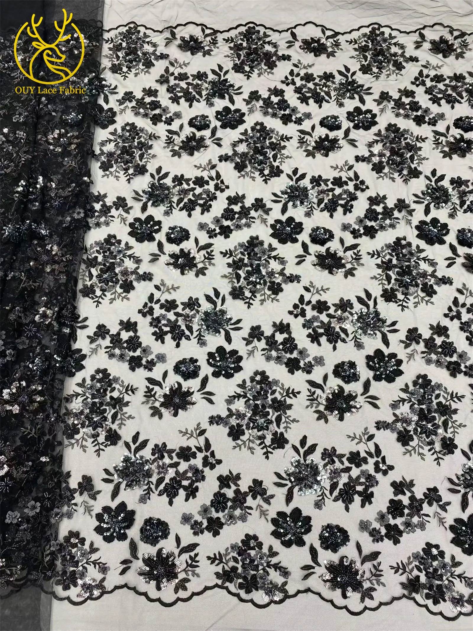 Eleganter Spitzenstoff mit Blumenstickerei und Pailletten, französischer Tüll mit Perlen, afrikanischer Spitzenstoff, nigerianische Spitze für Party- und Ballkleider – Detail 19