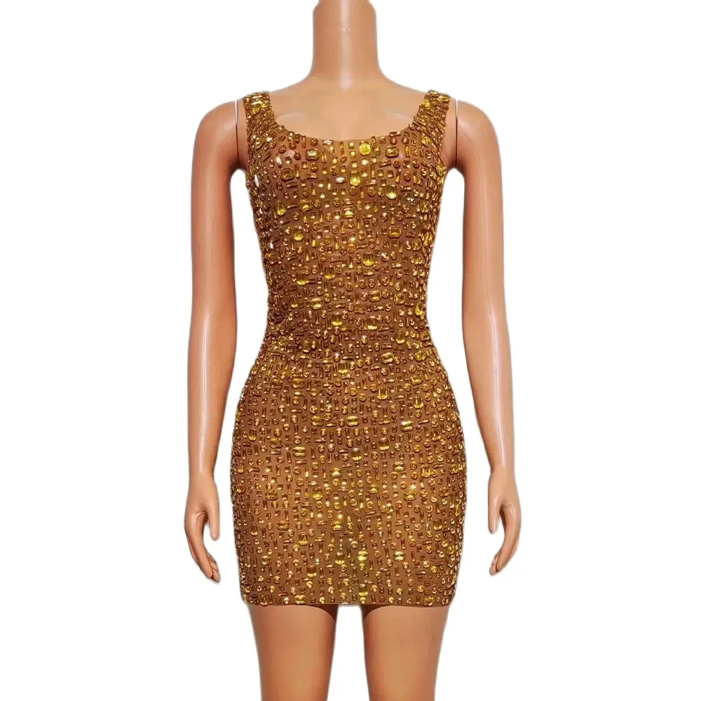 

Sexy Stage Sparkly Rhinestones Sleeveless Short Dress Women Mesh See Through Celebrate Evening Prom Birthday Photoshoot Dress