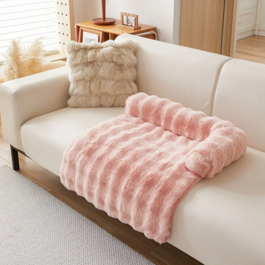 Winter Warm Dog Couch Cover Bed Solid Color Rabbit Velvet Super Soft Pet Blanket Indoor Cat Sleeping Pad with Neck Pillow