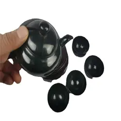 A Set Jade Teapot And 4 Tea Cup,China Handmade Natural Jade Carving, Black Jade Round Teapot