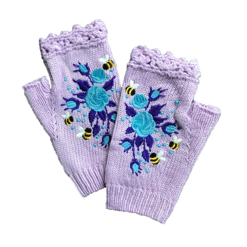 

New Handmade Embroidery Glove Thickening Knitted Fingerless Autumn Winter Bee Floret Women's Warm Gloves Wool Adult Gloves
