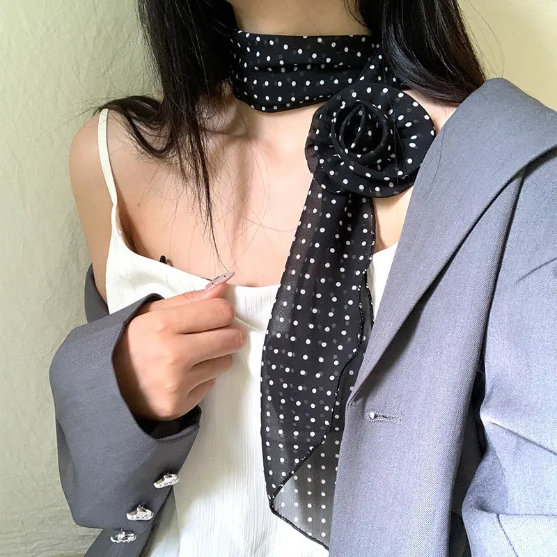 Korean Polka Dot Rose Silk Scarf for Women 130x14cm Long Silk Scarves Neckscarf Multi-functional Headscarf Rubber Band Headbands