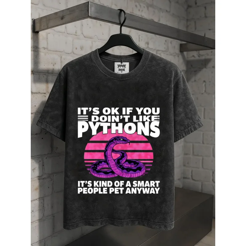 تي شيرت رجالي مغسول باللون الأسود بنمط ونص مطبوع عليه بيثون على ما يرام إذا لم تحب بيثونز عالي الجودة 100% قطن 230 جرام #1