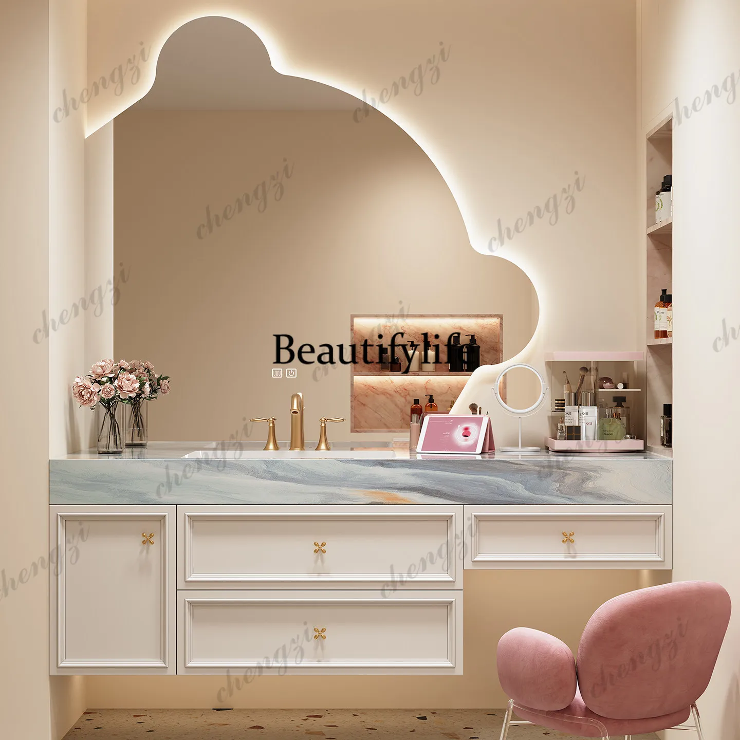 French light luxury cream style dresser bathroom cabinet combination oak makeup wash integrated cabinet