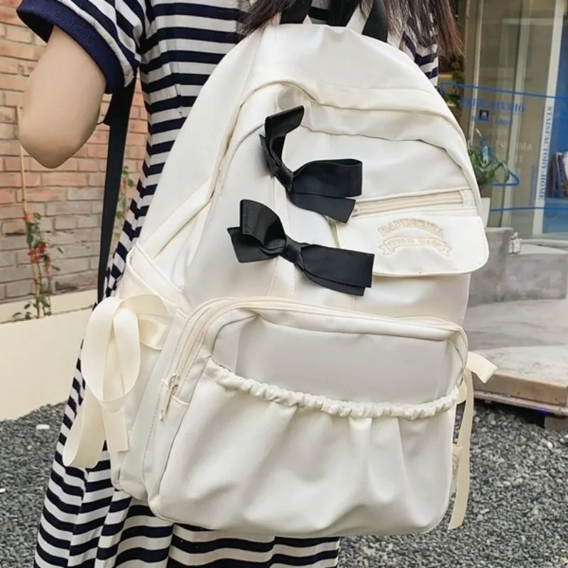 Japanese Bow-Adorned Sweet Cute Backpack Young Girl Kawaii Rucksack Middle School Students School Bags Large Light Nylon Daypack