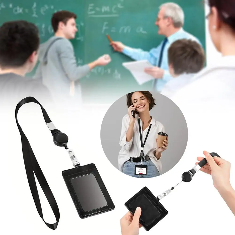 PU Leather Pass Work Card Cover Working Permit Case Sleeve Badge Holder Black ID Tag Lanyard For Staff Card Clip Neck Strap