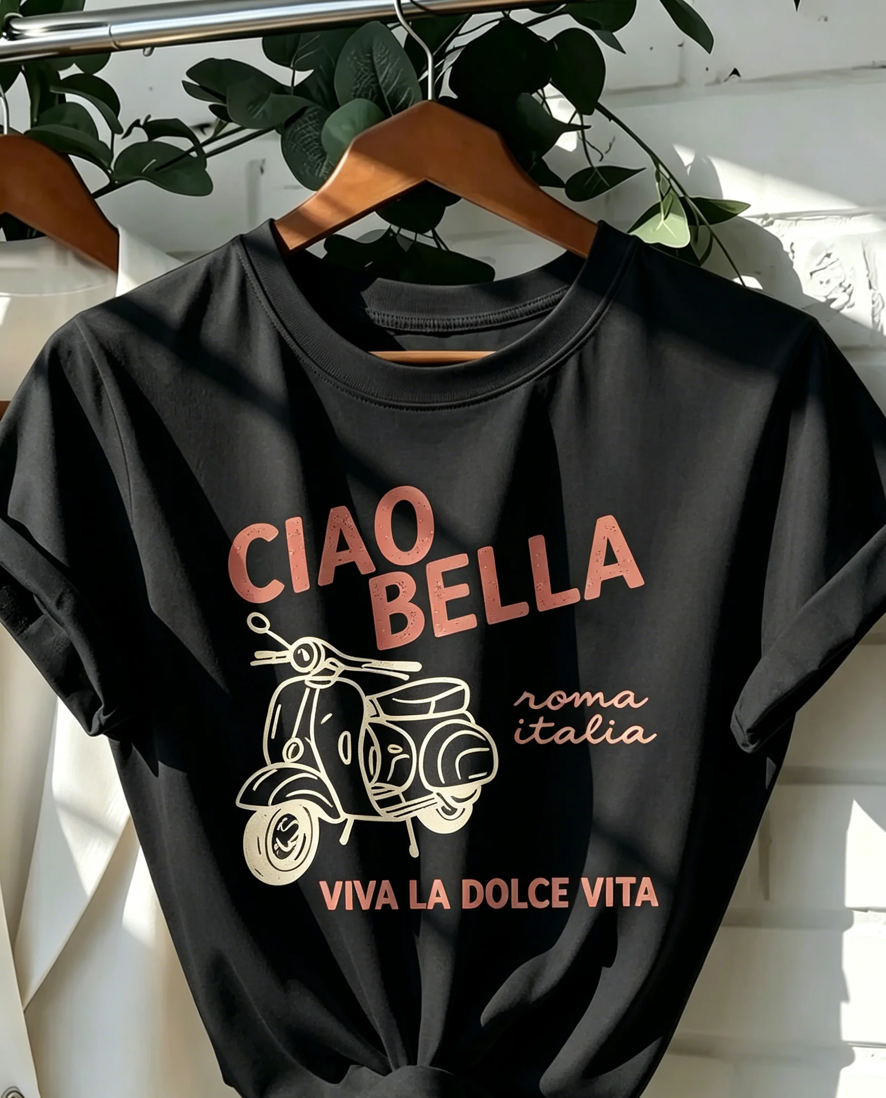 Ciao Bella Scooter Graphic Tee White Summer Holiday T-Shirt Retro Italy Roma Vacation Top Casual Short Sleeve Loose Streetwear