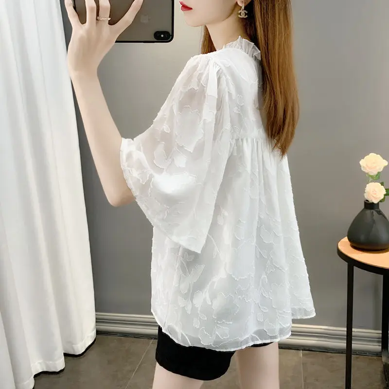 Women Ruffle Sheer Mesh Lace Button Up Shirt New Summer Korean Style V-neck Short Sleeve Solid Chiffon Blouses Casual Loose Tops
