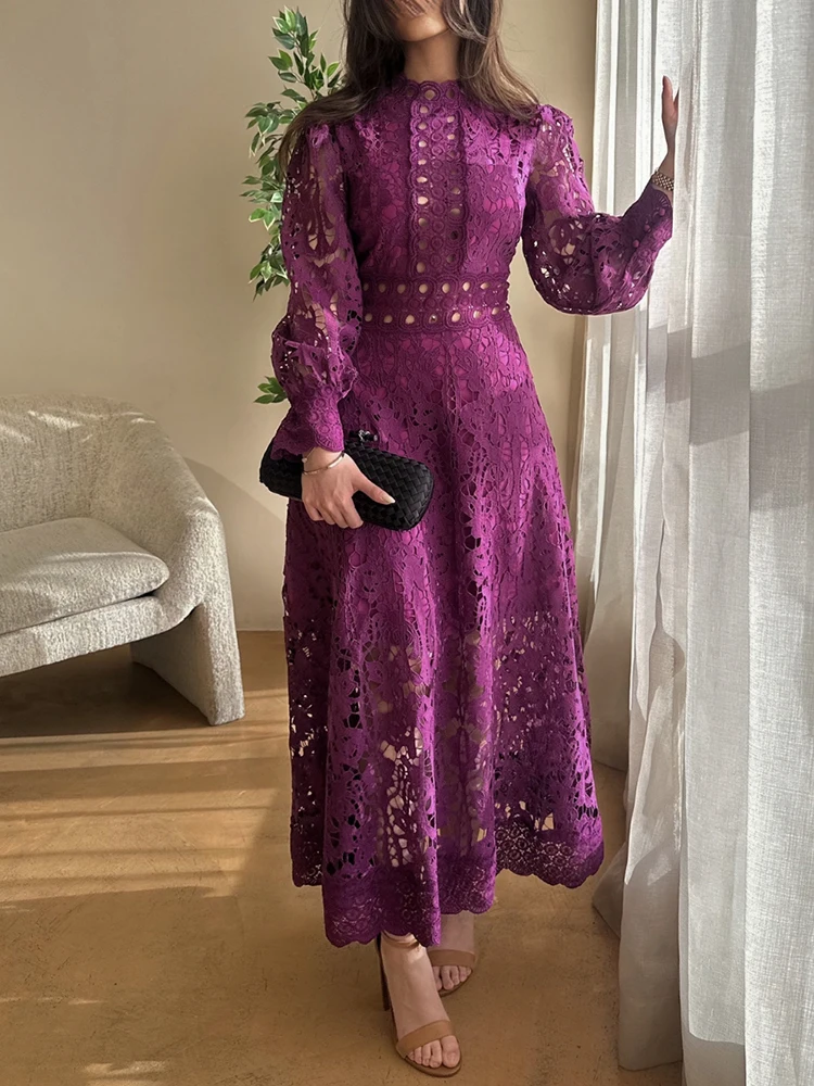 VGH Purple Hollow Out Elegant Dress For Women Round Neck Lantern Sleeve High Waist Embroidery Dresses Female Fashion New 2024