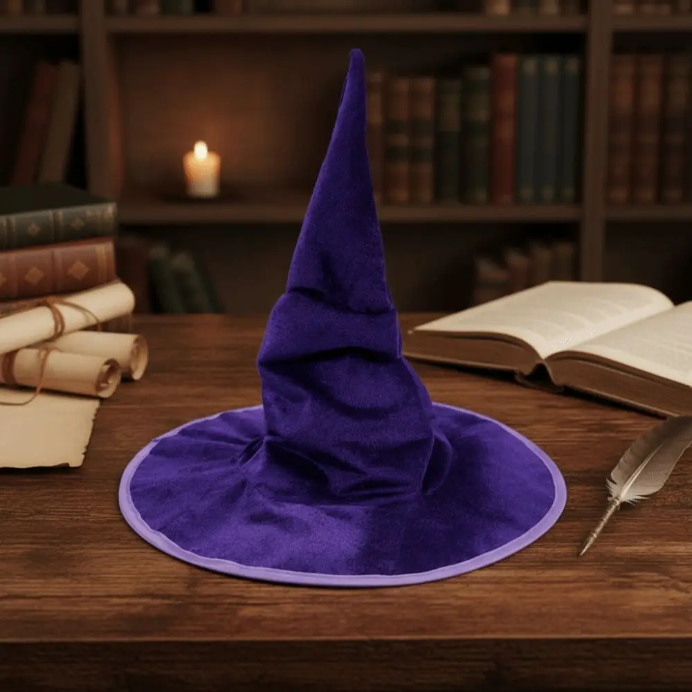 Steel Wire Framed Velvet Witch Hat Non Woven Base Solid Color Wired Wizard Cap Shapeable Wrinkled Texture Ruched Pointy Hat