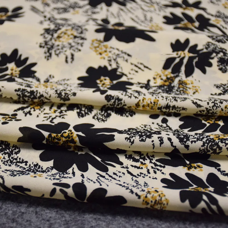 Half Meter Beige Bottom With Retro Black Flower Print Chiffon Fabric For Spring Summer Shirt Dress Cheongsam Scarf Material