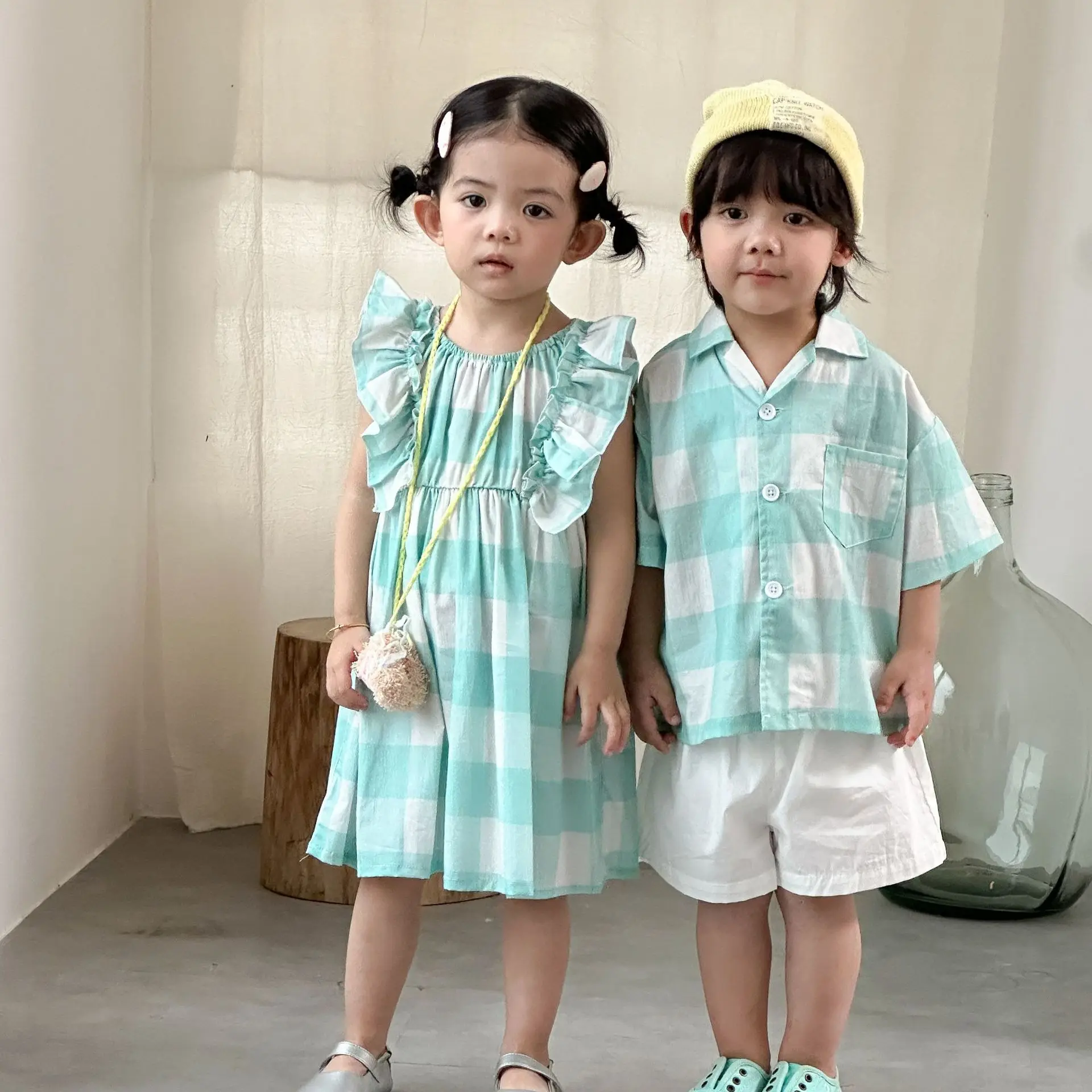 Childrens Set 2026 Spring Summer New Korean Casual Plaid Set Stylish Daily Simple Fashion Brother Sister Outfit