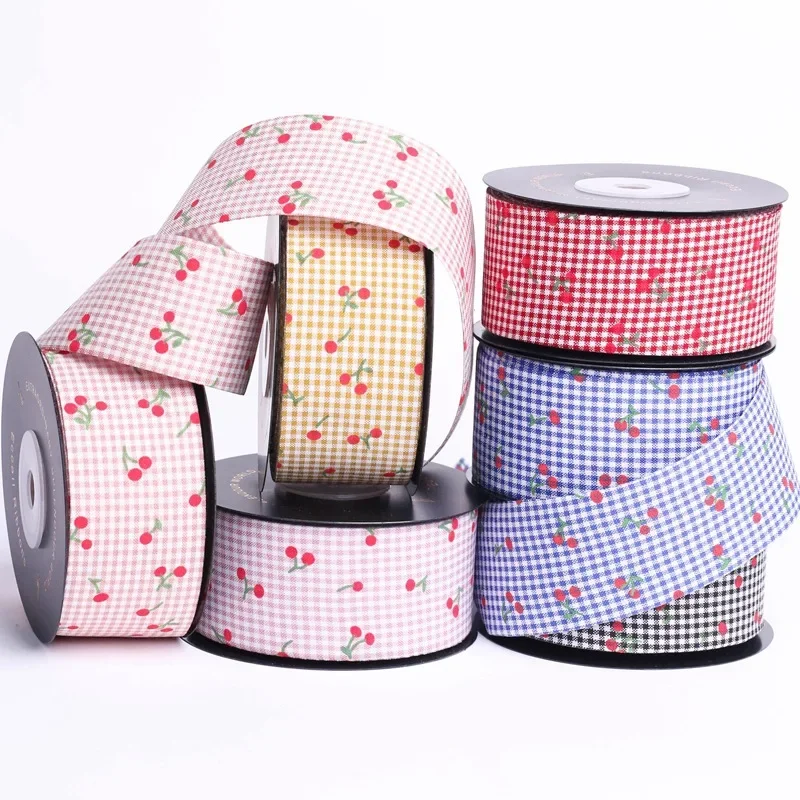 Kewgarden 25mm 38mm Plaid Cherry Ribbon DIY Children\'s Bows Hair Accessories Gift Flower Hat Decoration Handmade Tape 10 Yards