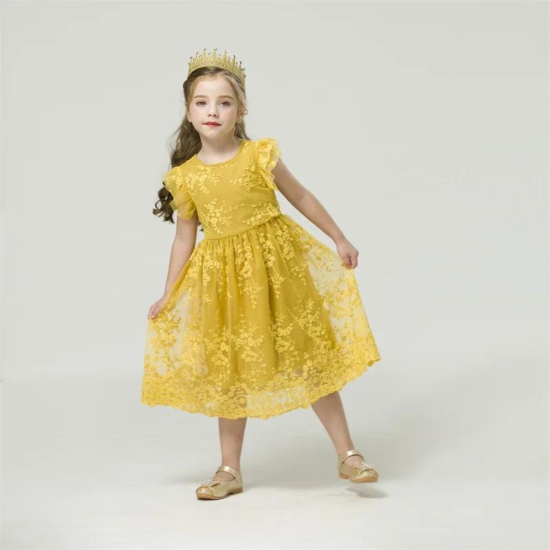 Little Girls Dress 2023 New Summer Lace Embroidery Flower Dress Princess Birthday Party Vestidos Holiday Casual Wear 3-8 Years