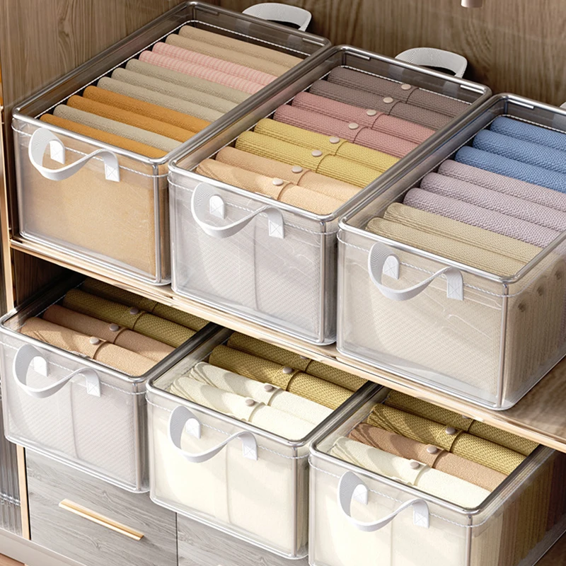 5PCS Transparent PVC Cloth Storage Box Large Capacity Dormitory Home Wardrobe Organizations Foldable Steel Frame Visible Box ZYF