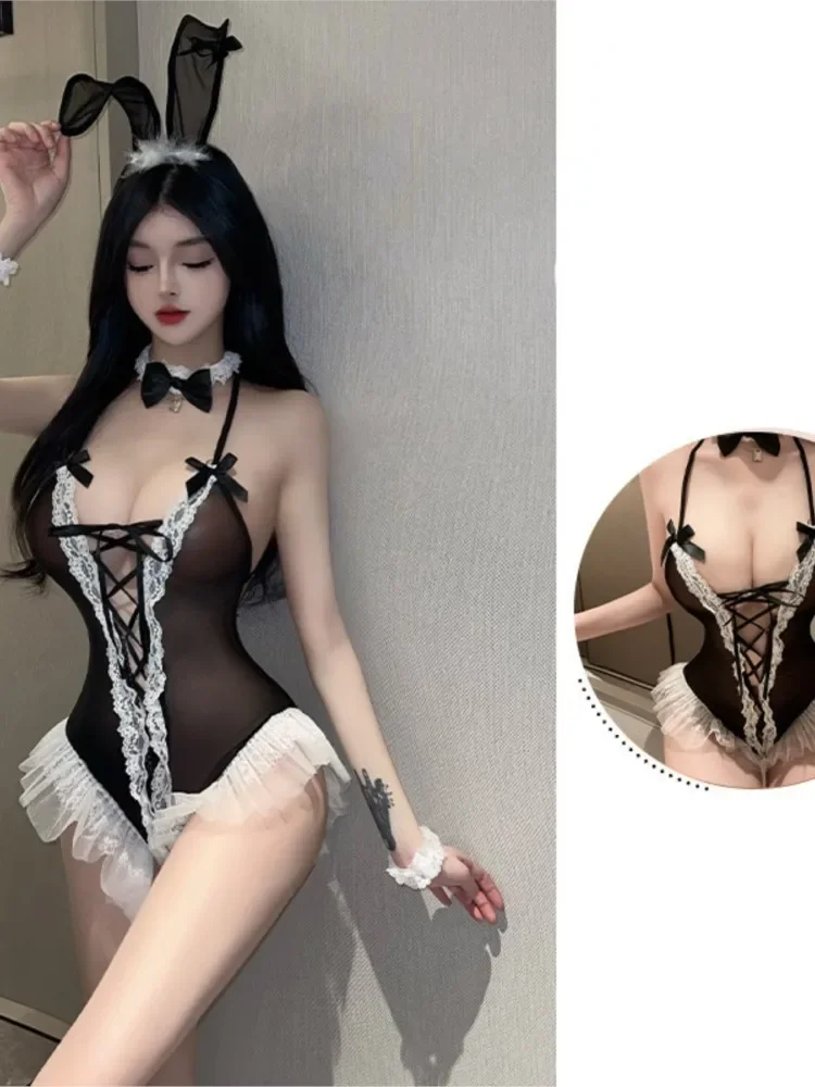 Conjunto de lencería erótica para mujer, traje Sexy de una pieza con hilo negro, conejo travieso, juego de rol