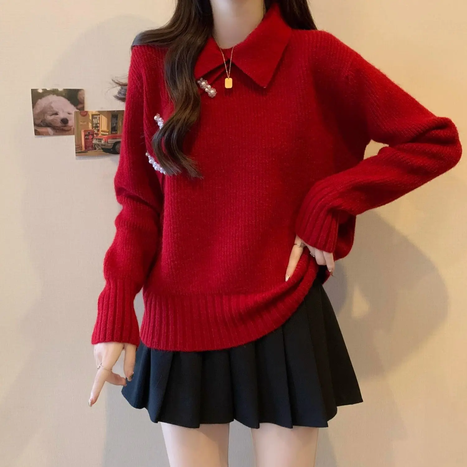 Autumn Winter Red Sweater Women 2024 New Year Christmas Unique Top New Chinese Style Warm Festive Turn-down Collar Trend Fashion