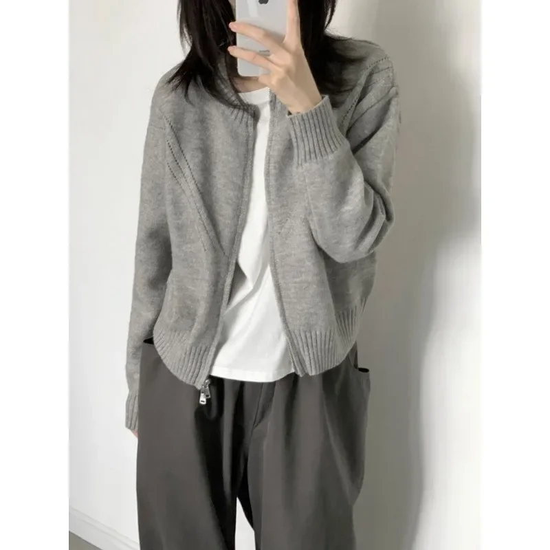 Deeptown Gray Zipper Cardigan Women Vintage Autumn Fashion New Knit Short Sweater Korean Style Casual Jumper Aesthetic Harajuku