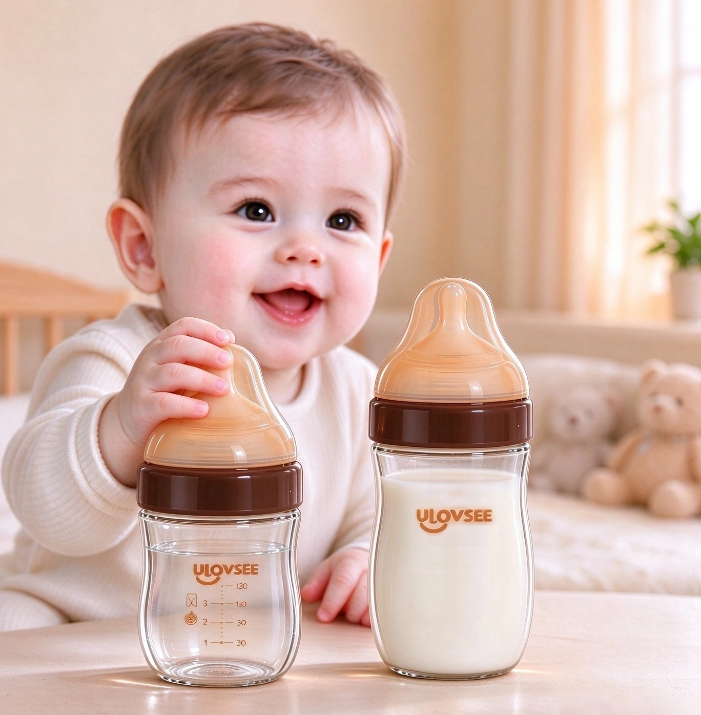 120/160/240ml High Borosilicate Glass Baby Feeding Bottle, Nipple, Wide-Neck Baby Bottle with Bottom Air Balance Hole/Valve