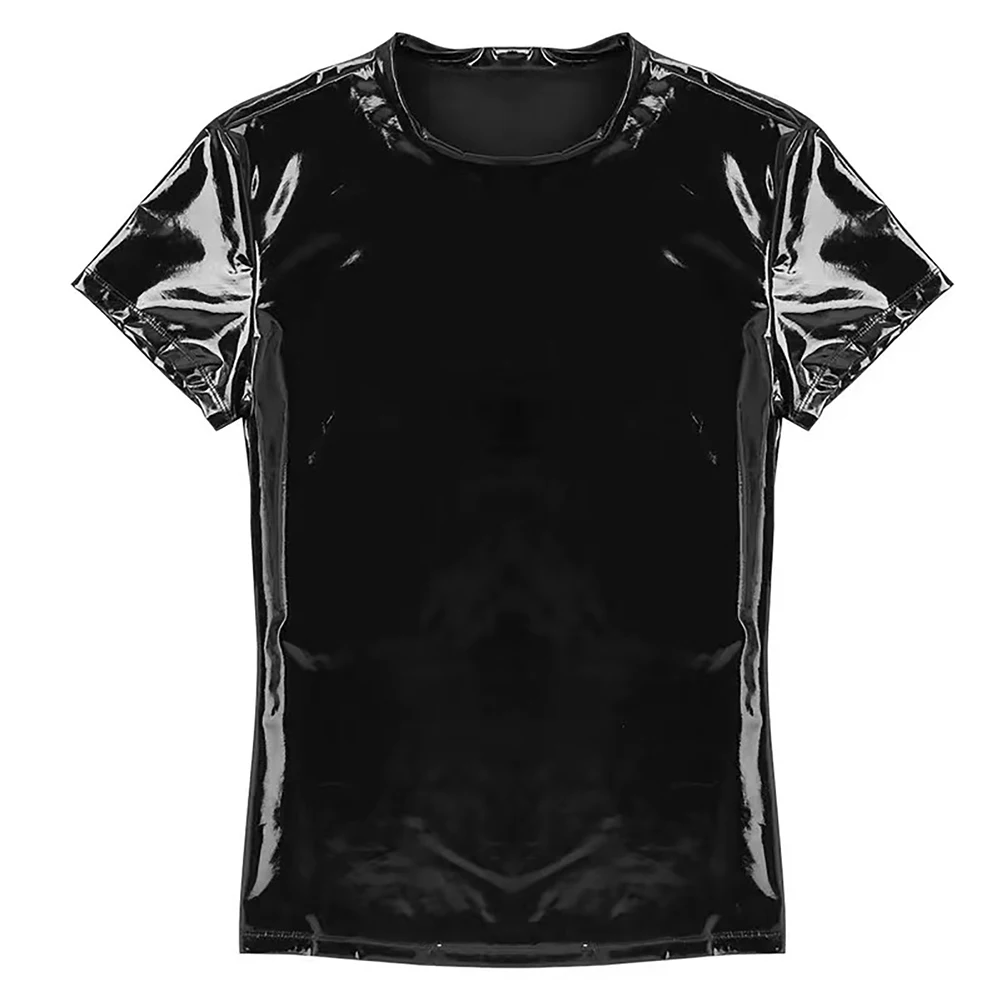 High Quality Men Top T-Shirt Wet Look Black/Red Clubwear Costume Faux Leather PVC Round Neck Shiny Short Sleeve