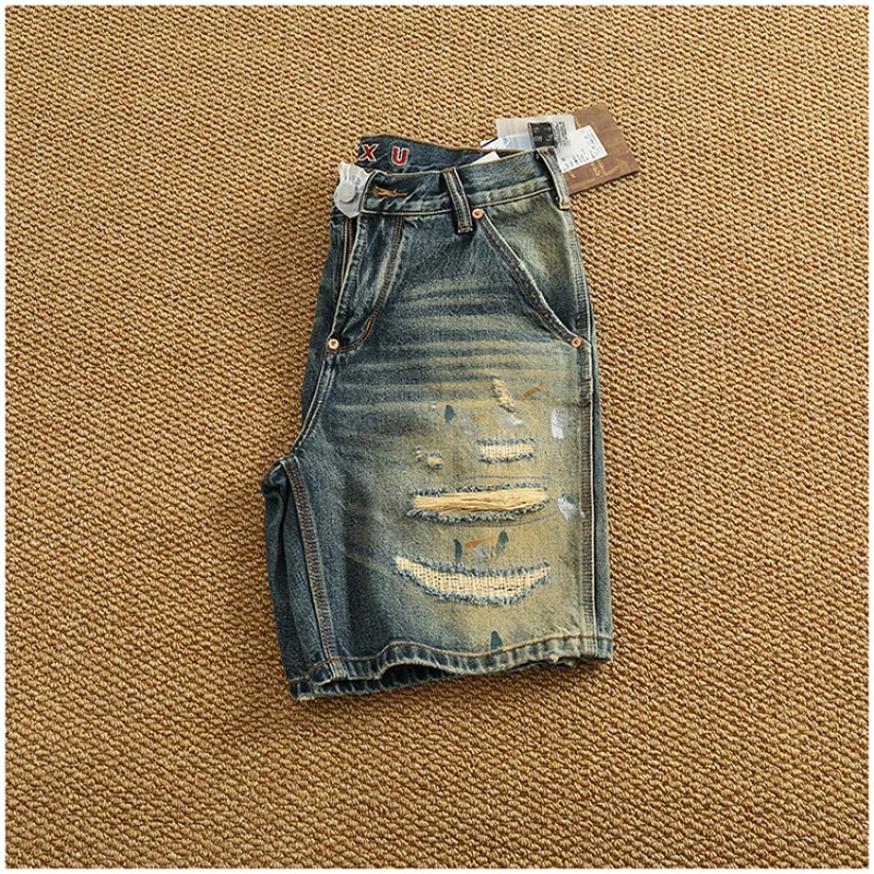 

Summer street trend ripped patch denim shorts men's colorful splashed ink trendy brand retro distressed five quarter pants