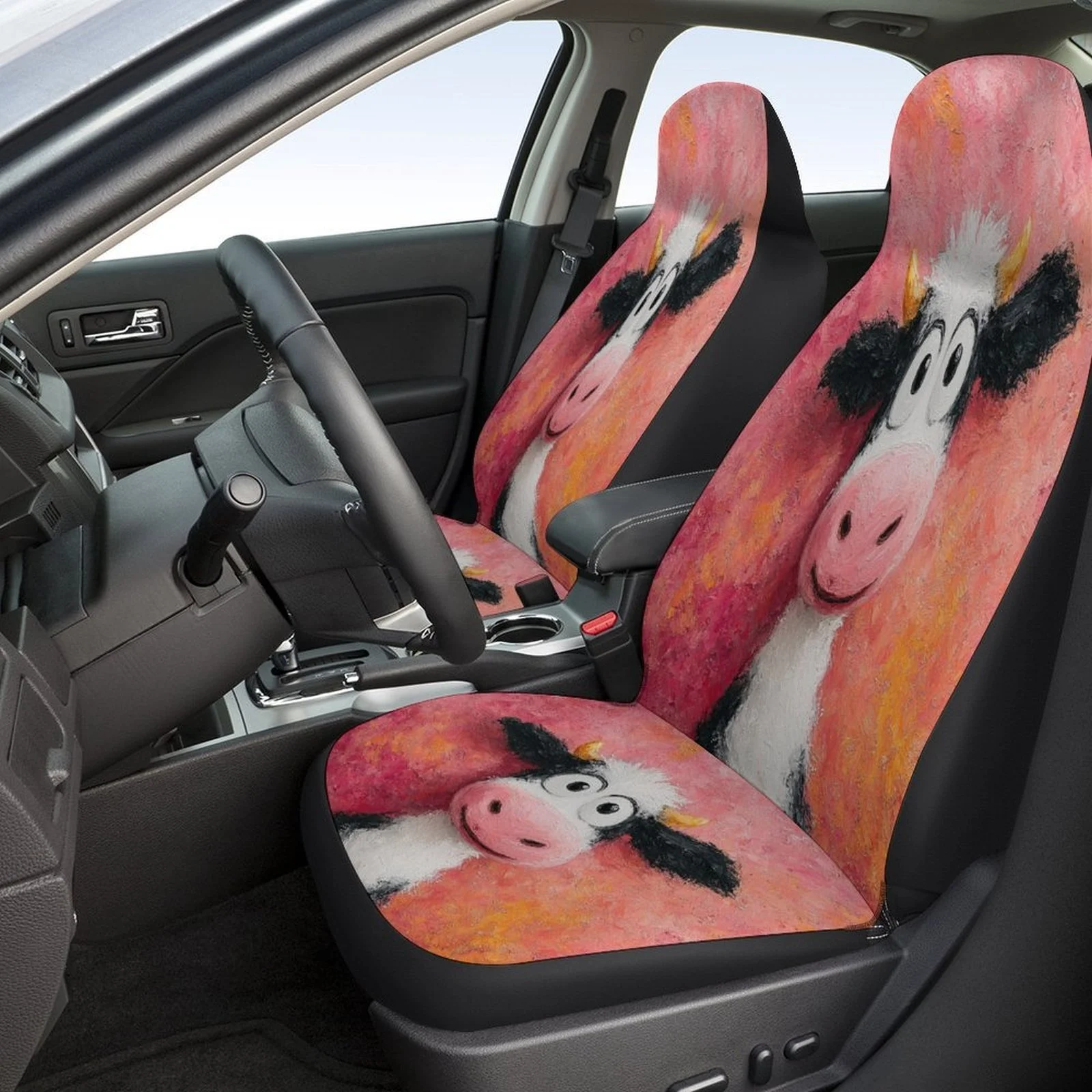 Cow Portrait Designed Car Seat Cover Set For Most Cars, Decorative Fashionable High-quality Car Seat Protector Covers Full Set,