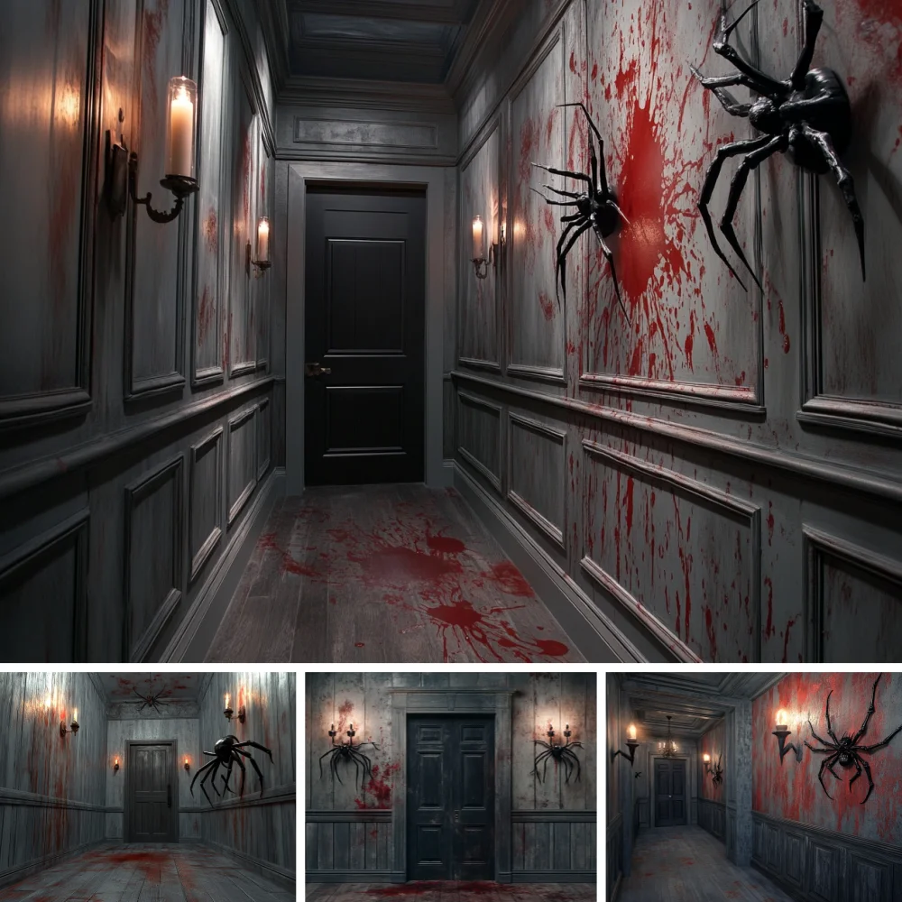 Halloween Horror Haunted Corridor Backdrop Wooden Panel Hallway Black Spider Blood Splatter Candle Light Dark Door Background