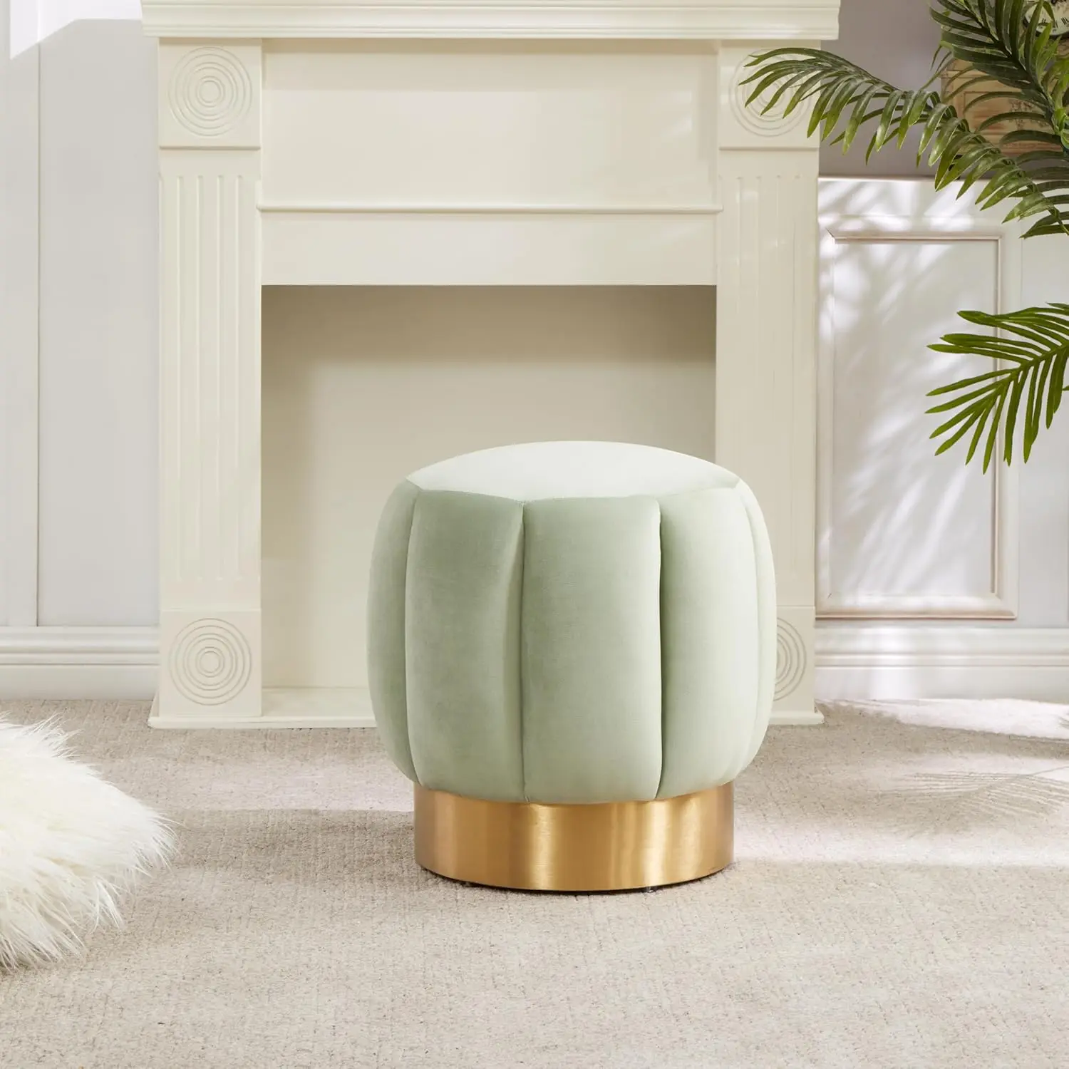 Mint Green Velvet Channel Tufted Living Room Bedroom Vanity Foot Stool Round Ottoman (Fully Assembled)