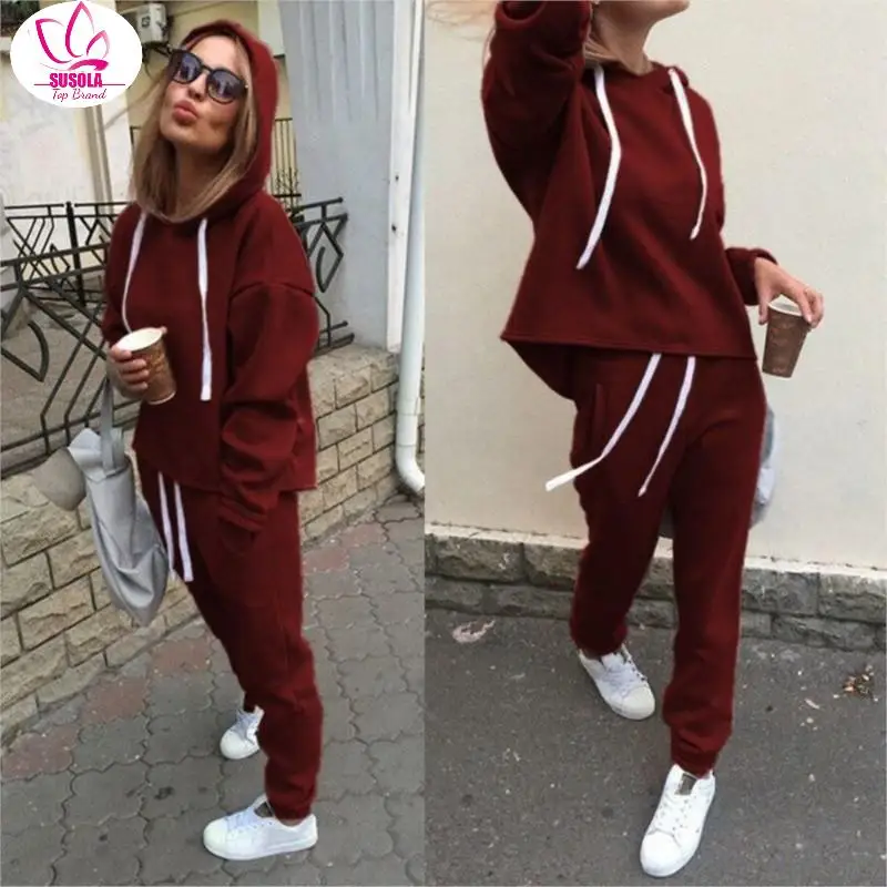 SUSOLA Women Hoodies Pant Clothing Set Casual 2 Piece Set Warm Clothes Solid Tracksuit Women Set Top Pants Ladies Suit