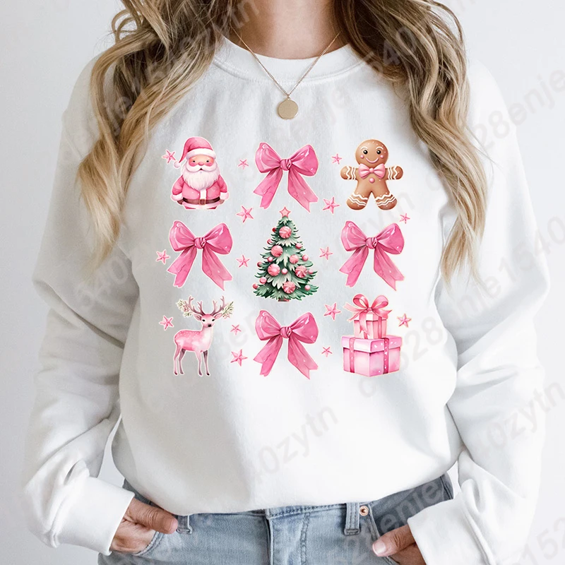 Christmas Pink Bow Santa Print Women Pullover Autumn And Winter Fashion Ladies Long Sleeve Sweatshirt O Neck Hoodless Sweatshirt