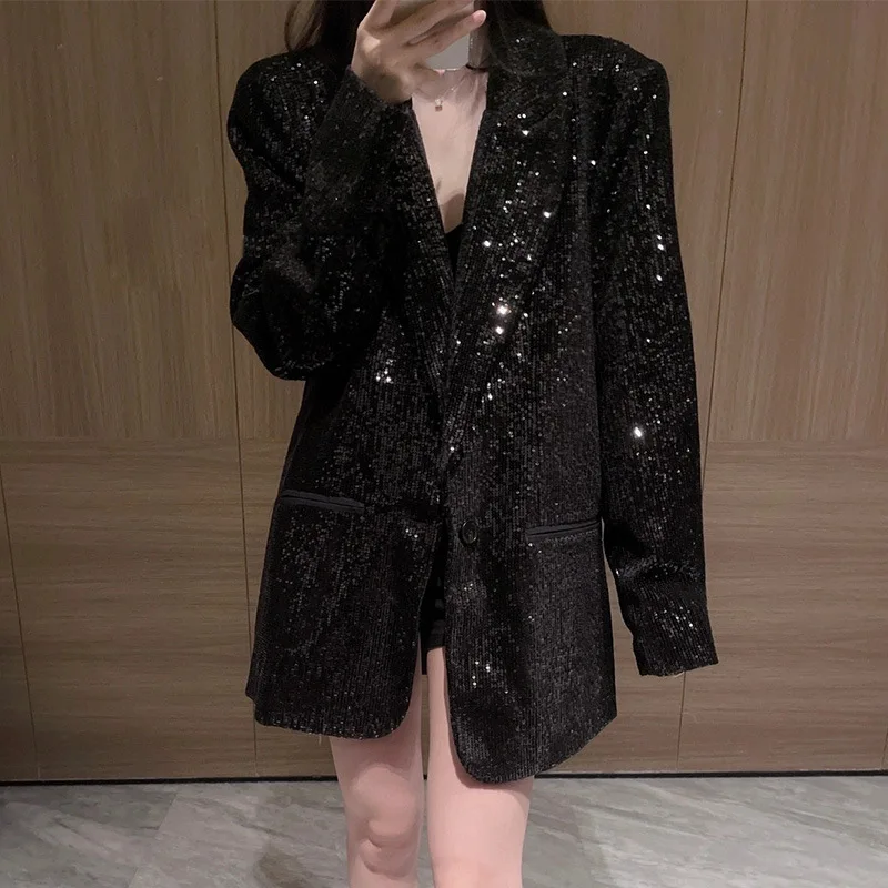 GALCAUR Solid Fashion Spliced Pocket Blazers for Women Notched Long Sleeve Patchwork Sequins Coat Female Clothing Luxurious New