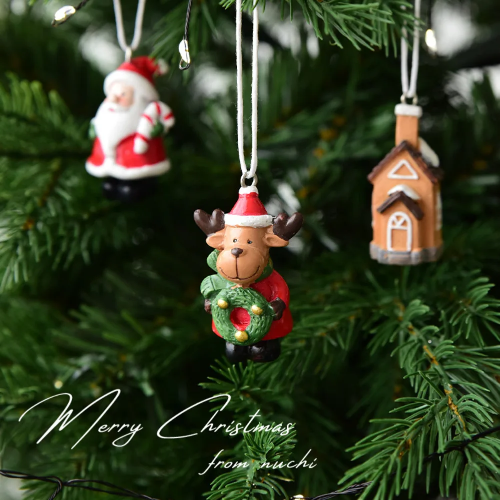 

Christmas Tree Pendants Ornaments Small Resin Elk Dog Cat Snow House Xmas Tree Decorations Desktop Dolls 2026 New Year Presents