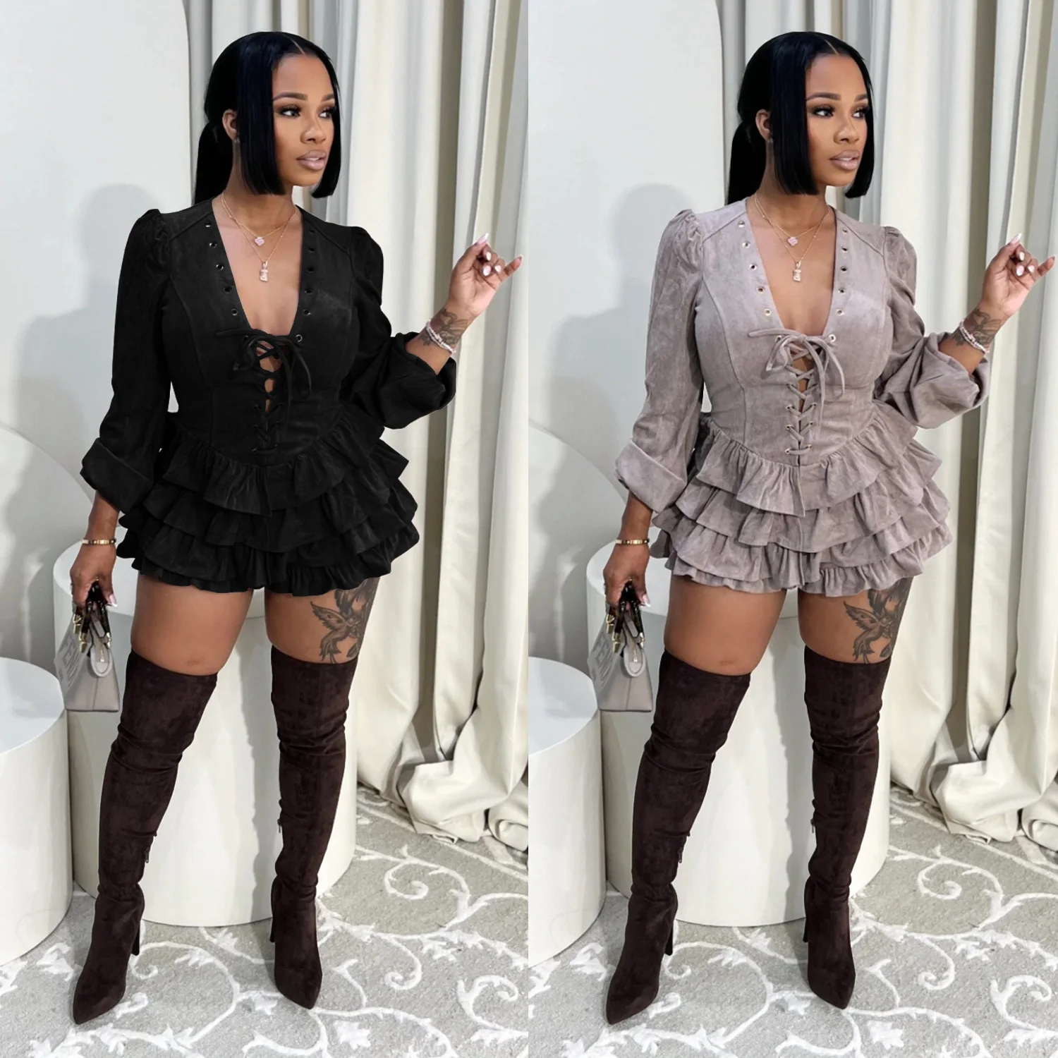 

Ruffle Bandage Elegant Dress Evening Club Dresses 2025 Women Autumn Sexy Bodycon Mini Dresses Party Evening Prom V Neck Dress