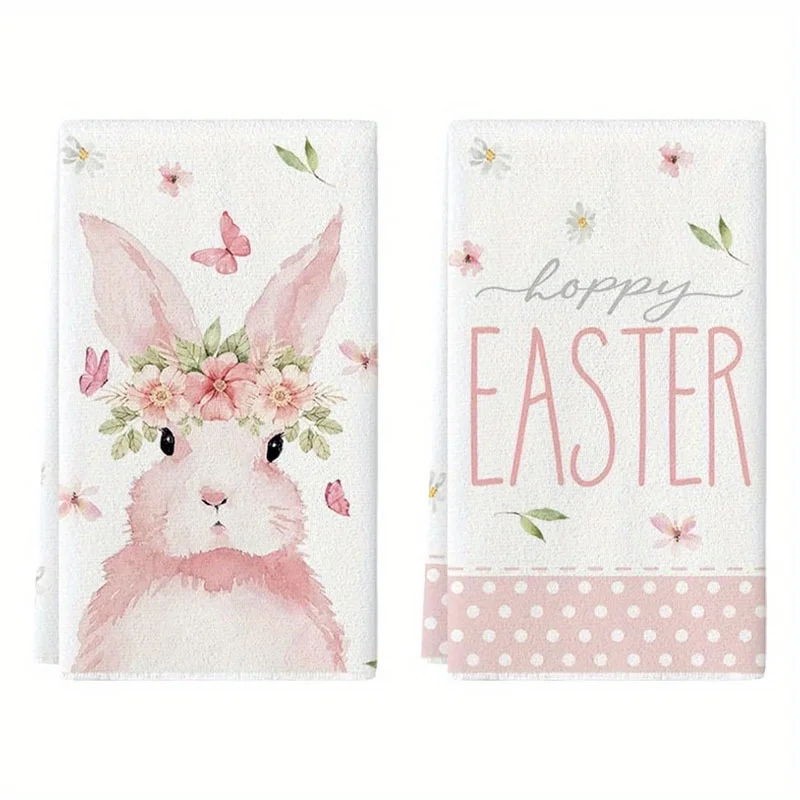 2Pcs, Easter Pink Polka Dot Floral Crown Rabbit Kitchen Towel, 40Cm*60Cm Towel Set, Super Absorbent Soft Cleaning Cloth, Cooking and Baking Tea Towel, Tea Towel, Hand Towel, Cleaning Cloth, Dishcloth, Kitchen Decoration, Living Room Decoration, Kitchen Essentials, Home Essentials