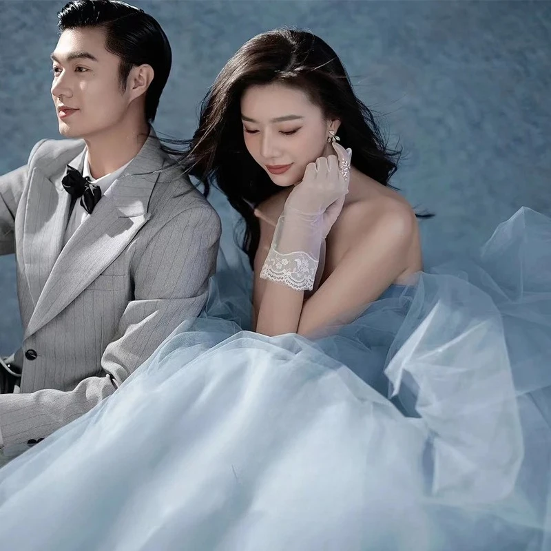 Vestidos de novia de línea A de Corea, vestido de noche Formal de tul de hadas con volantes y volantes para sesión de fotos de mujer azul, vestido de graduación con corsé personalizado