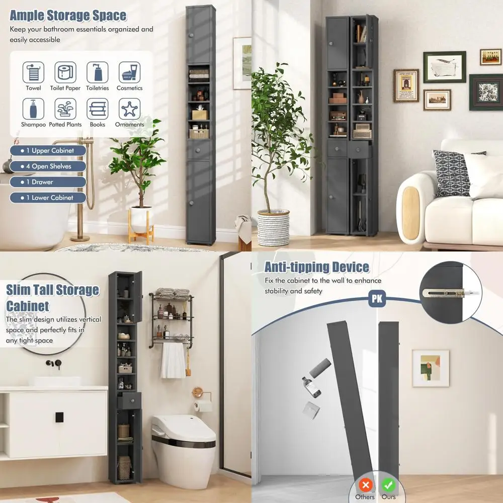 

Высокий напольный шкаф для ванной комнаты 71 дюйм в высоту, с ящиками, дверцами и регулируемыми полками, для небольших помещений, серый