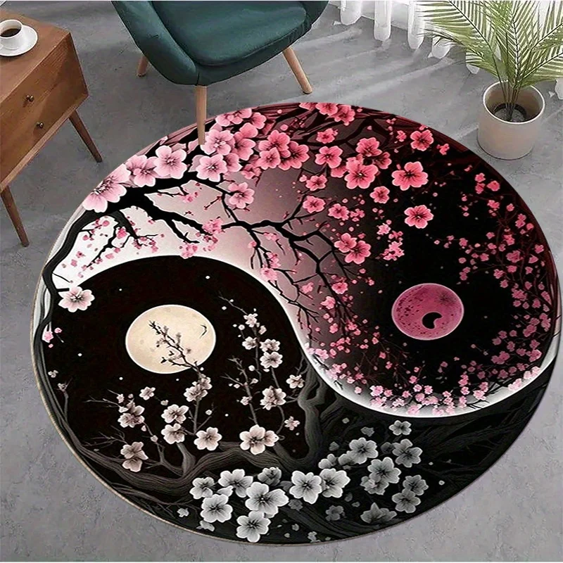 Yin Yang Cherry Blossom Round Rug Flannel Japanese Zen Floor Mat Pink White Flowers Moon Night Sky Decor Meditation YogaRoomSoft