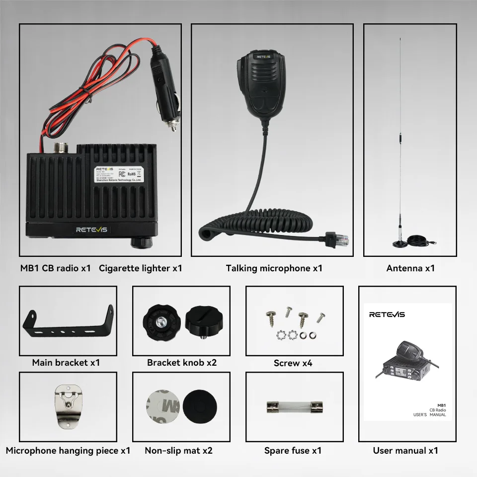 Retevis MB1 AM/FM Mini Mobile CB Radio 4W 26MHz 27MHz 40CH Mobile CB Transceiver for Car Trucker VOX Emergency Call License-free