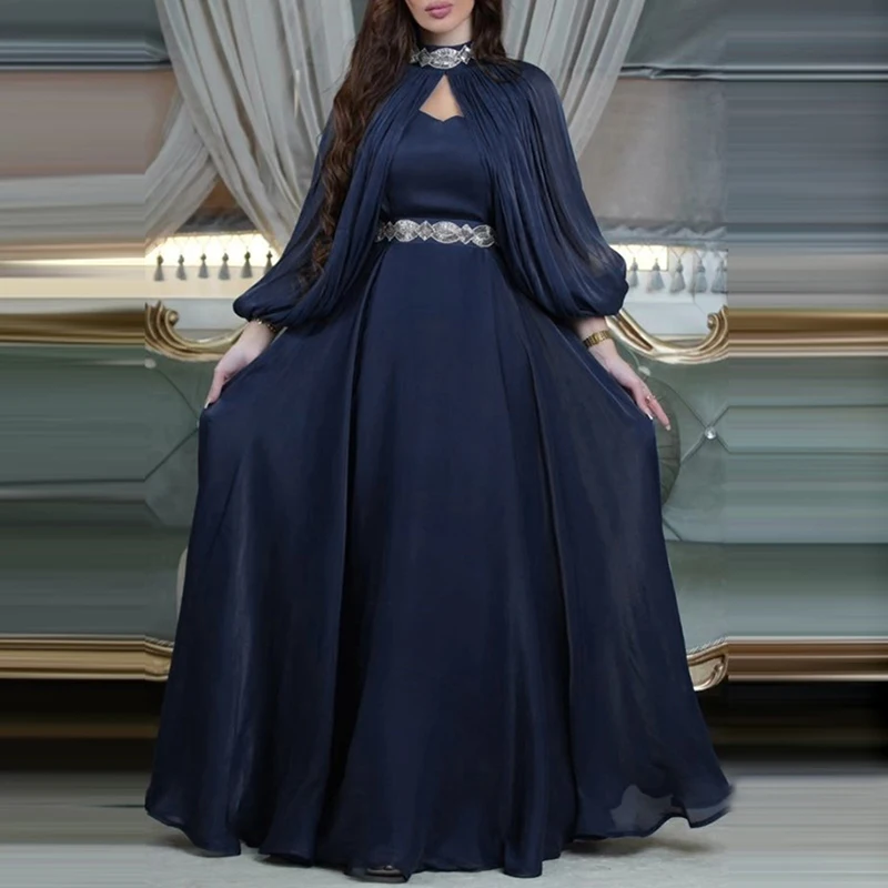 Ensemble de robe de couleur vive diamant style Banquet, manches longues, couleur unie plissée, ensemble deux pièces décontracté, haut à col rond et jupe longue