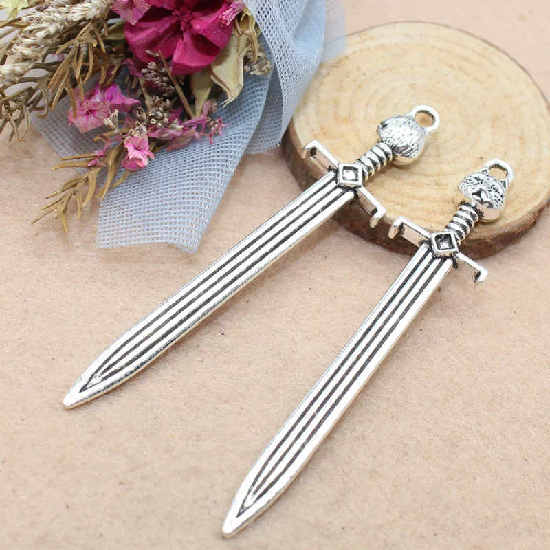 10pcs Jewelry Charms Sword Cat 66x15mm Antique Silver Plated Pendants Making DIY Handmade Jewelry Accessories