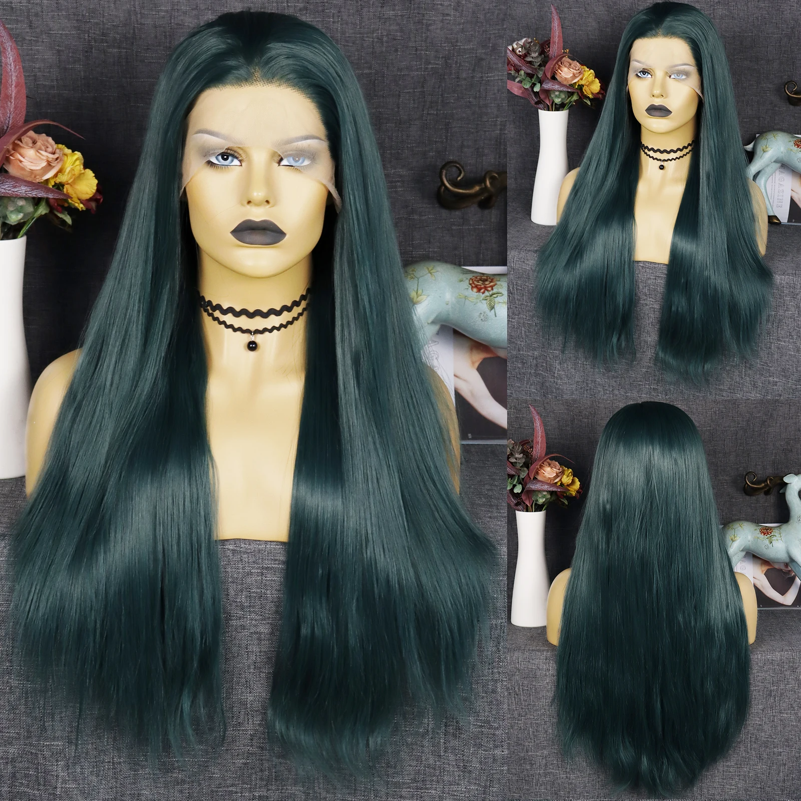 AN Synthetic 13X3 Lace Front Wig Straight Green Blue Heat Risistant Hair Glueless Purple 30IN Long Wig for Black Women Brazilian