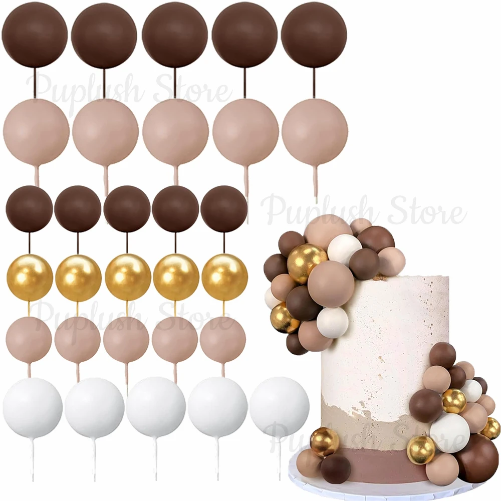 30 Stück Kugel-Kuchendekoration Braun Gold Weiß Beige Bälle Mini-Ballon Kuchendekoration für Geburtstag Hochzeit Babyparty Partydekoration