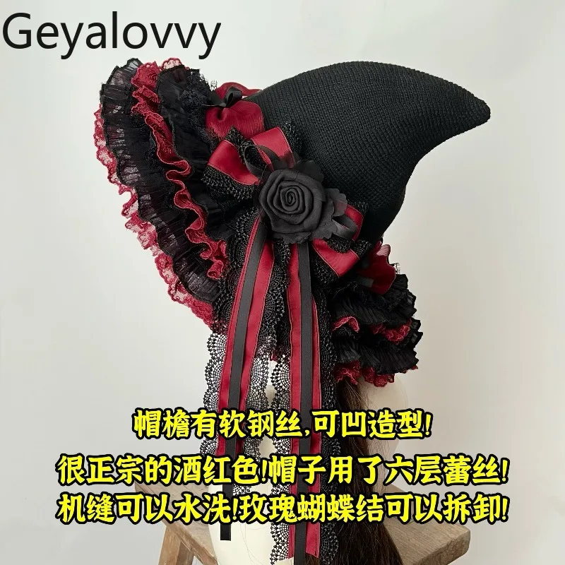 النمط الياباني لوليتا القوطية الظلام نمط قبعة الساحرة عيد الميلاد اليدوية تأثيري القوس الدانتيل وأشار قبعات الساحرة قبعات الفتيات الحلو