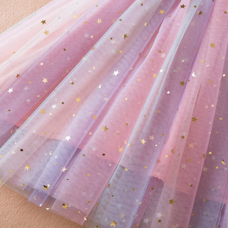 Summer Girls\' Dress Baby Girl Full Of Stars Moon Decorations Suspenders Colorful Mesh Beach Princess Dress