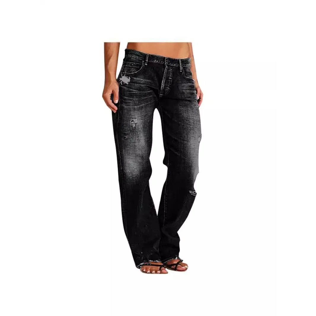 Trendy Distressed Mid-Waist Hole Casual Straight Leg Jeans Women's Long Pants Cotton Stretchy Natural Waist Washed Style