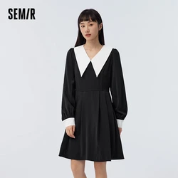 Semir Dress donna contrasto collo a punta abito plissettato francese elegante delicato primavera 2023 stile Hepburn temperamento manica a bolle