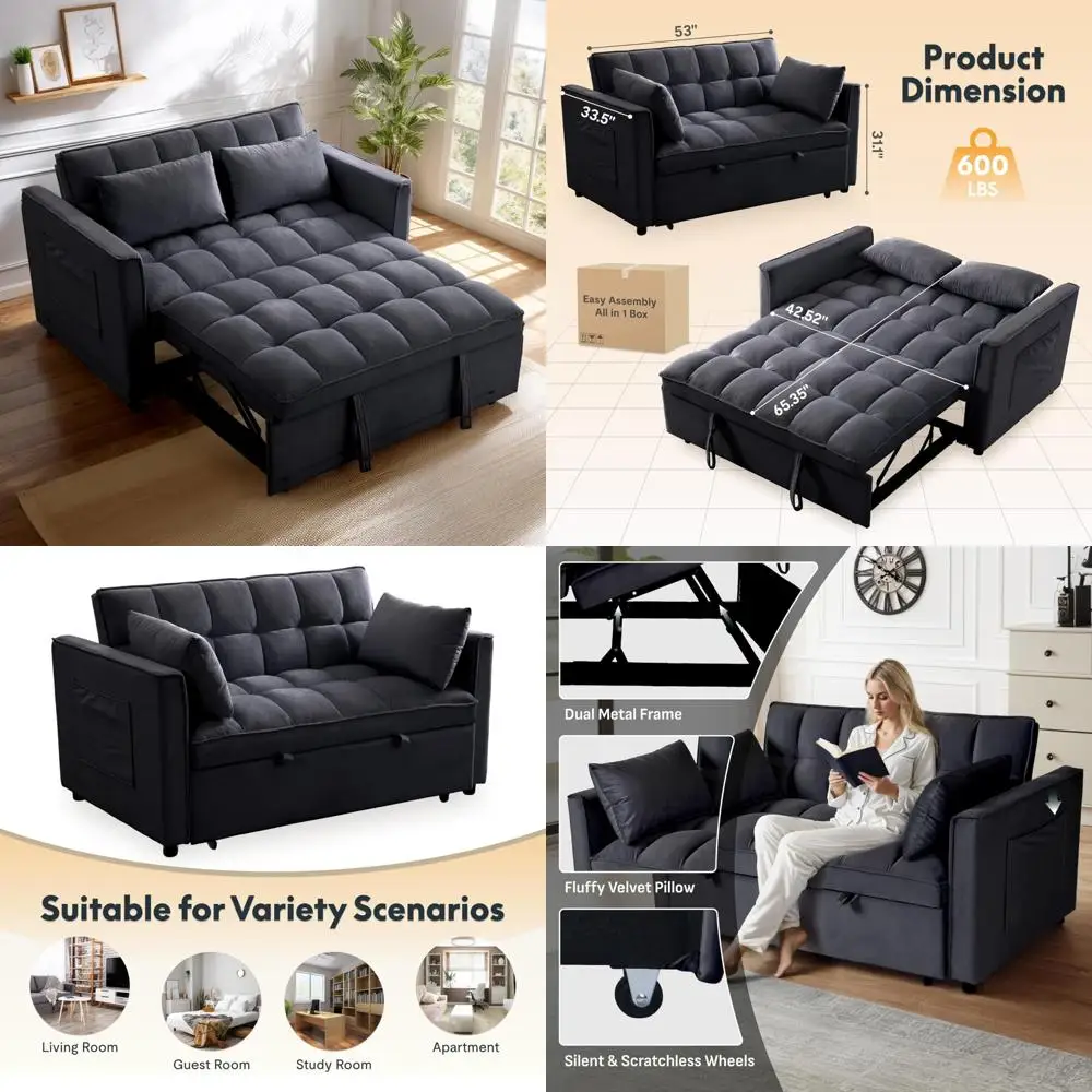 convertible 3-in-1 sofa bed with adjustable backrest, loveseat couch with 2 pillows and side pockets