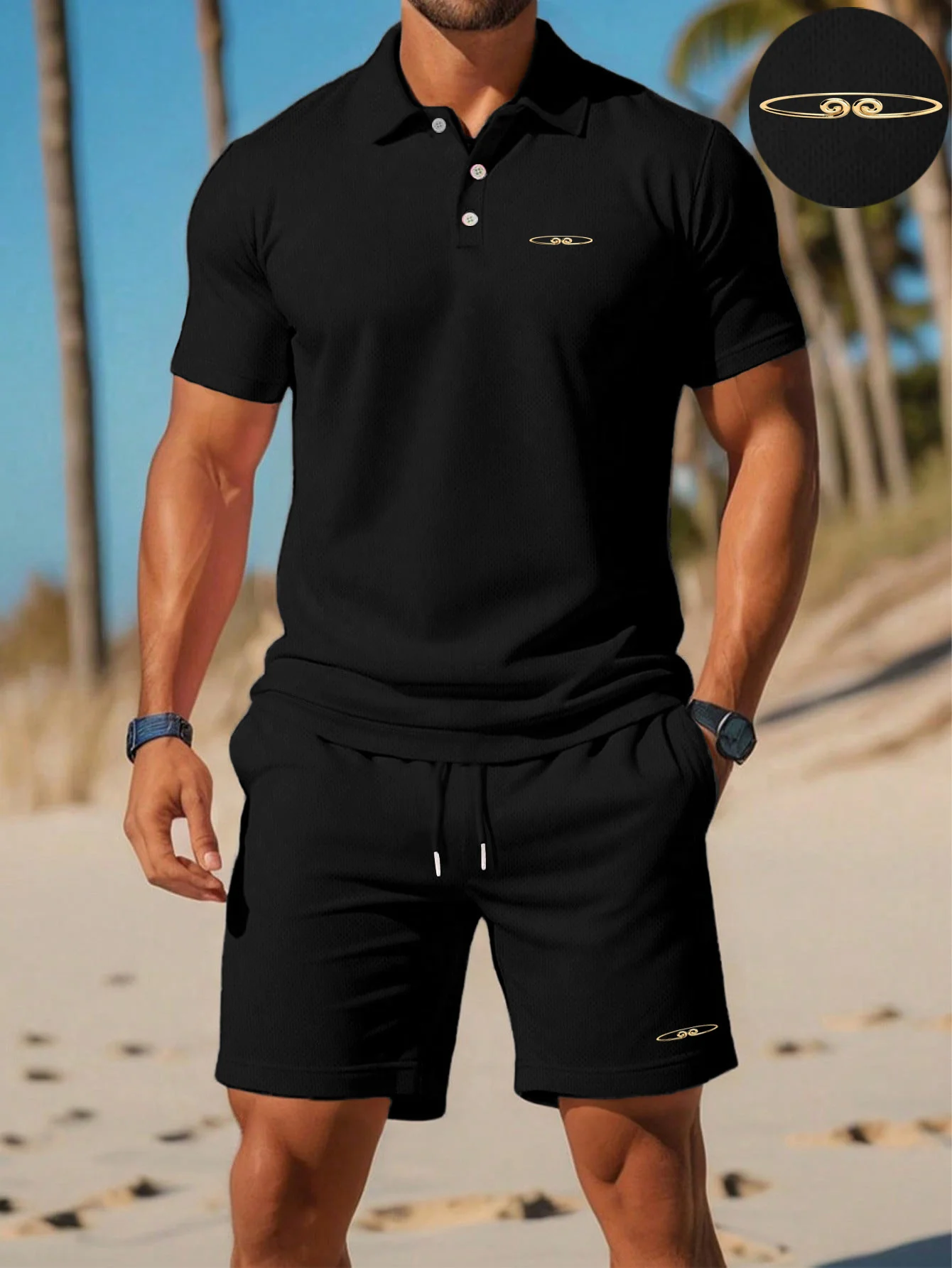 

2026 Men's black mesh gold curved badge polo shirt and shorts two-piece quick drying casual sportswear set