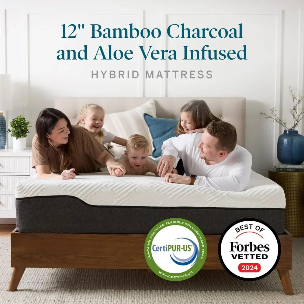 12 Inch Hybrid Memory Foam Infused with Bamboo Charcoal and Aloe Vera-Encased Spring Support-Medium Plush Feel-Motion Isolation